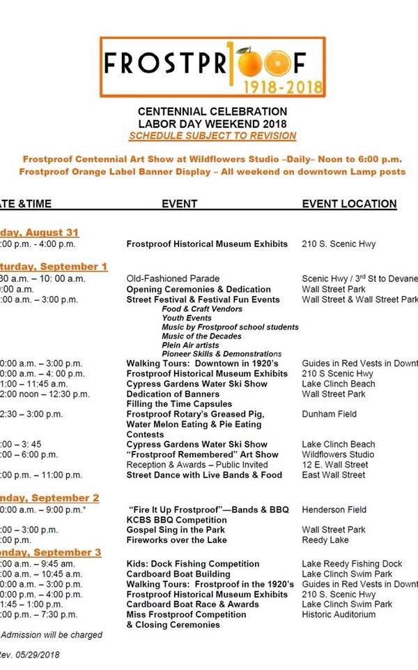 Frostproof Centennial Celebration Labor Day Weekend 2018 Schedule